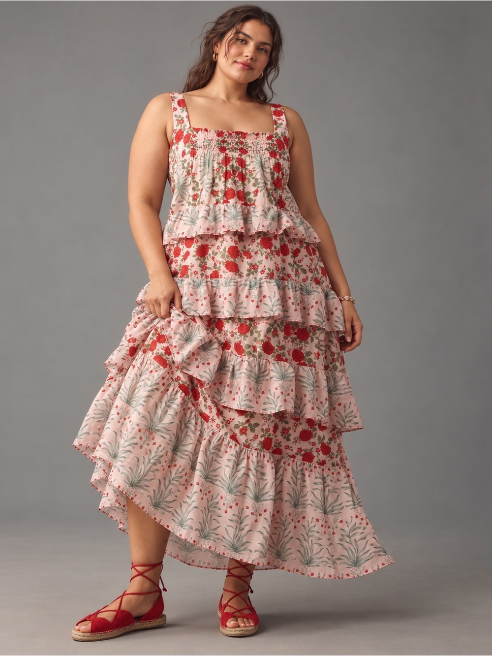 By Anthropologie | Sleeveless Square-Neck Tiered Floral Midi Dress - Size XL